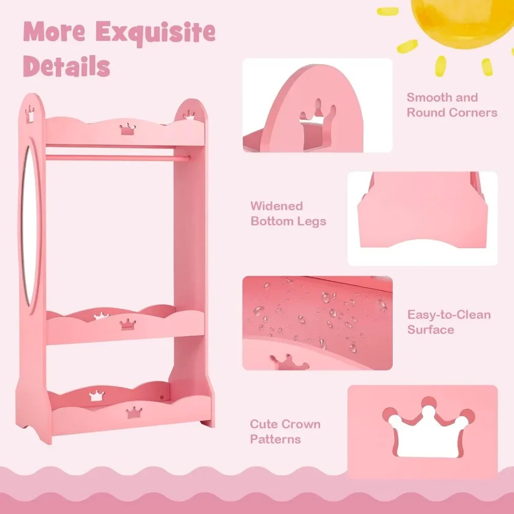 Children's Wardrobes,Kids Dress up Storage Wardrobe,Toddler Armoire Dresser Wardrobe w/Mirror & Cloth Hanger,Cute Crown Patterns 3
