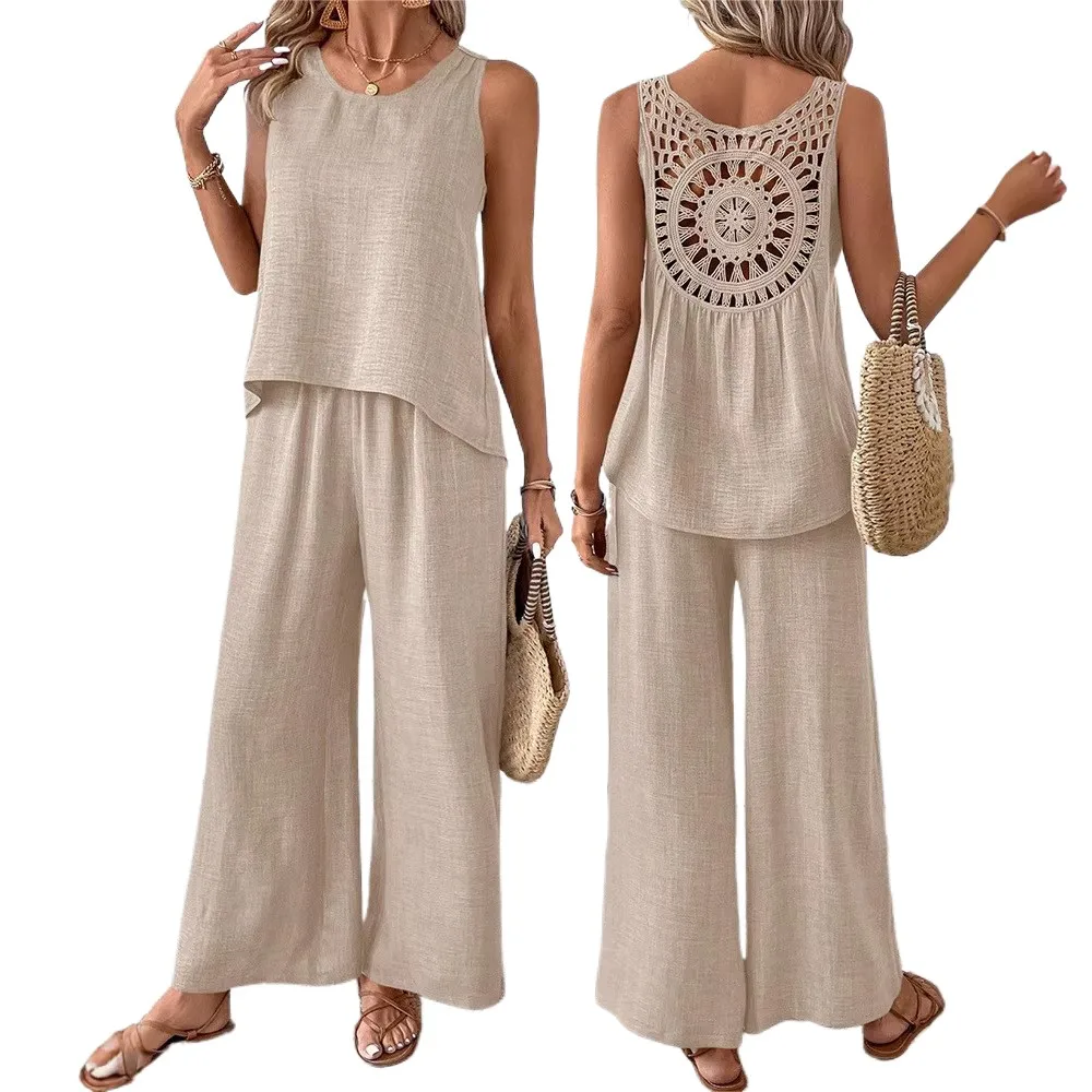 Women’s 2-piece sleeveless hollow out blouse and wide leg pants casual summer outfit Khaki