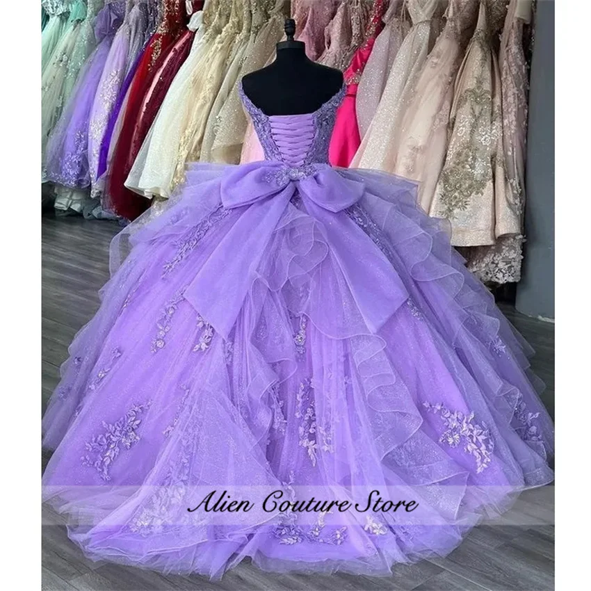 Princess Lavander Quinceanera Dresses Beads Floral Appliques Crystals With Bow Birthday Gown Sweet 15th Prom Party Customiz