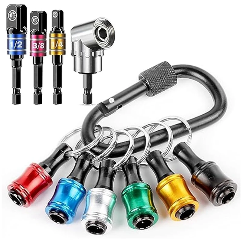 

1/4 Hex-Shank Bit Holder Keychain Gadgets,3Pc 1/4In 3/8In 1/2In Drill Socket Adapter+105° Right Angle Drill Attachment