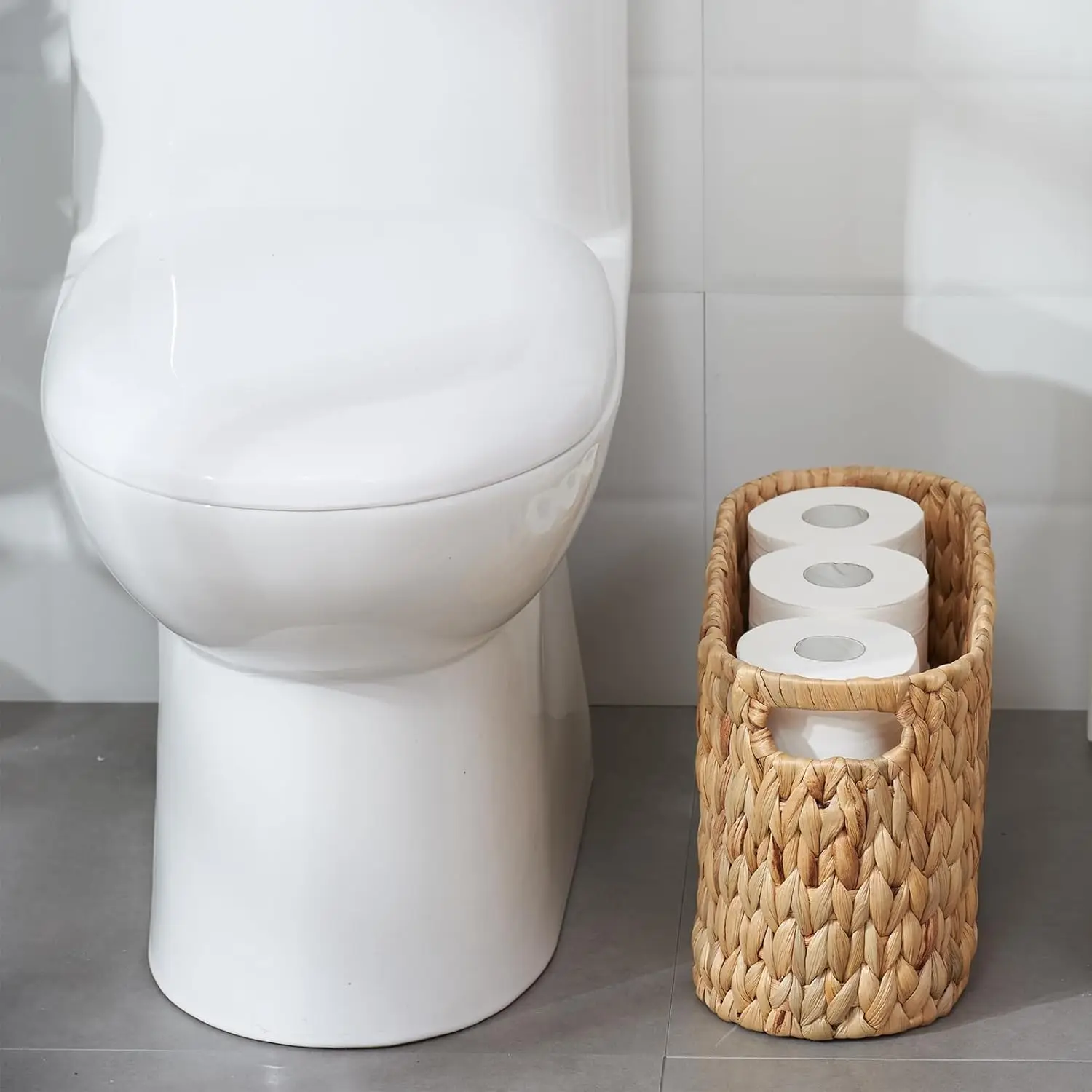 Wicker Toilet Paper Holder Stand, Wicker Toilet Paper Storage Basket for Bathroom, Natural Water Hyacinth Storage Baskets 3