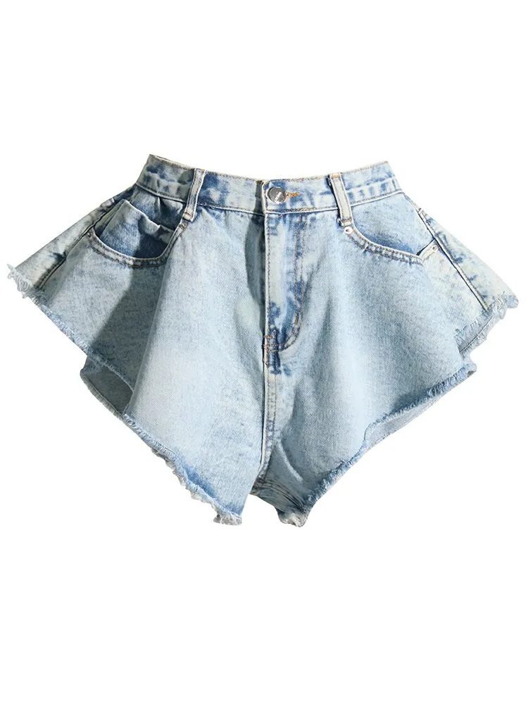 BPN Minimalist Solid Denim Shorts For Women High Waist Patchwork Pockets Casual Loose Short Pants Female Fashion Summer Clothing