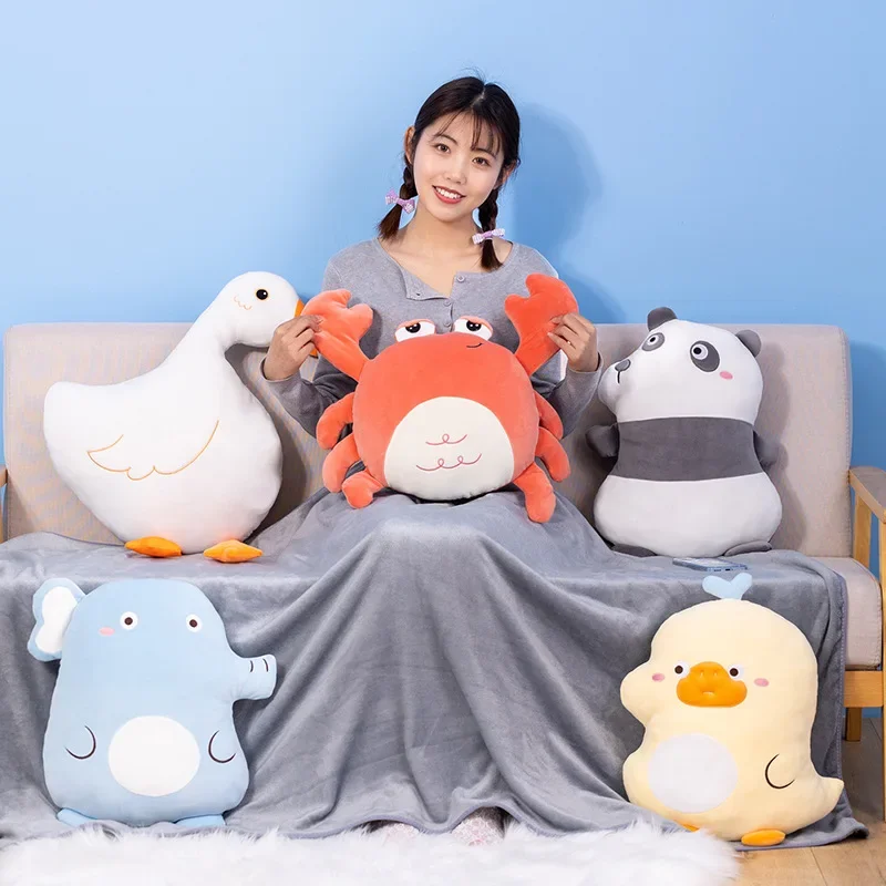 Cartoon stuffed animal pillow blanket 2-in-1 cute elephant duck panda goose crab cushion plush toy for kids