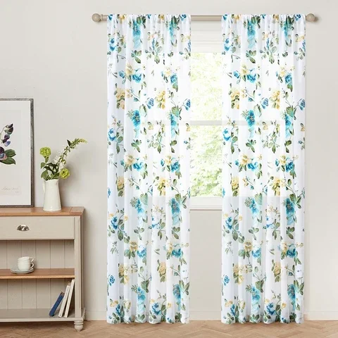 

Flower Print Voile Curtain Sheer Tulle Drape for Living Room Bedroom Kitchen Panel LISM Floral Printed Window Sheer Curtains