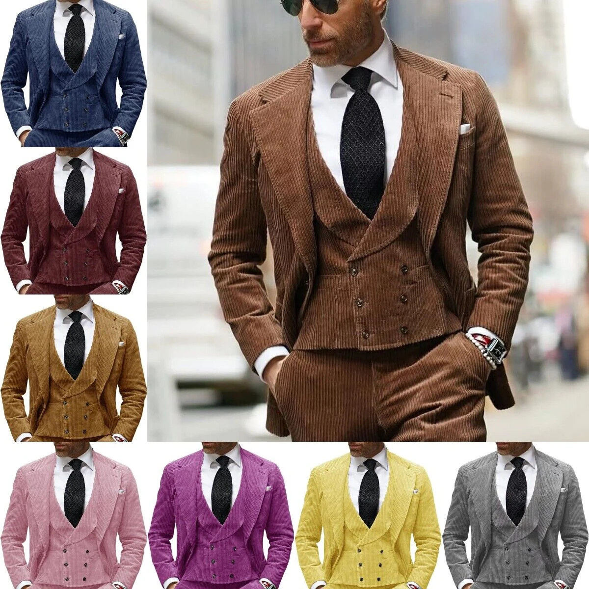

Autumn Winter Men's Corduroy Suit Peak Lapel Tuxedos Slim Fit Groom Wear For Business Office 3 Pcs Jacket Vest Pants Customize
