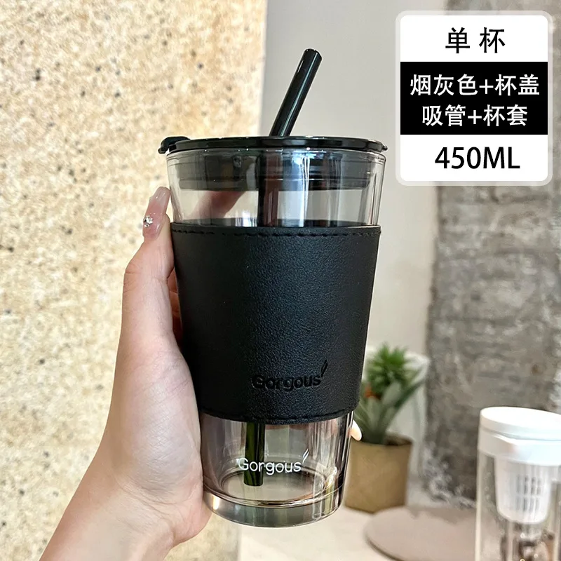 Creative Glass Coffee Cup With Lid Heat Resistant Tea Cups Mug With Straw 450Ml