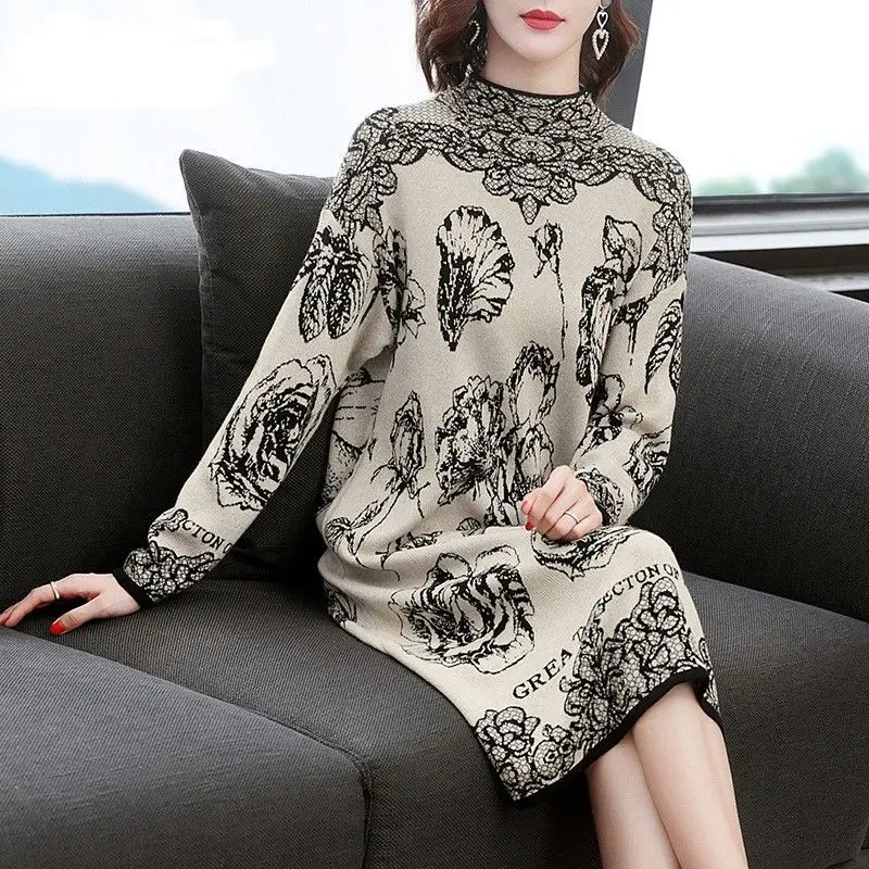 

Autumn Winter Fleece Fashion Printing Oversized Loose Midi Dress Ladies Fashionable Letter Pullover Half Height Collar Dresses