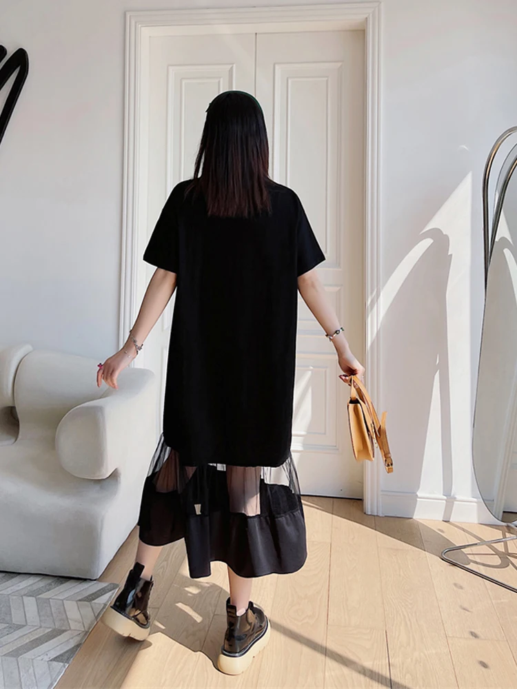 NYFS 2024 Summer New Korea Woman Dress Vestidos Robe Elbise Loose Plus Size Patchwork Mesh Hem Short Sleeve Long Dresses