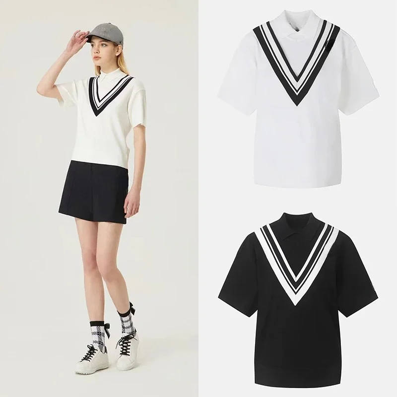 

Korean Golf Women's Top 24 Summer New Polo V-shaped Pullover Knit Short Sleeve Golf T-shirt