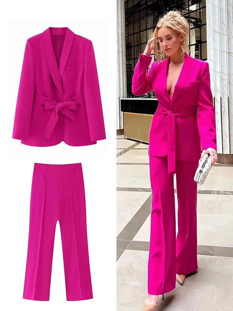 Sheike Pink Belted Blazer TRAF Women's Blazer Set Pieces Long