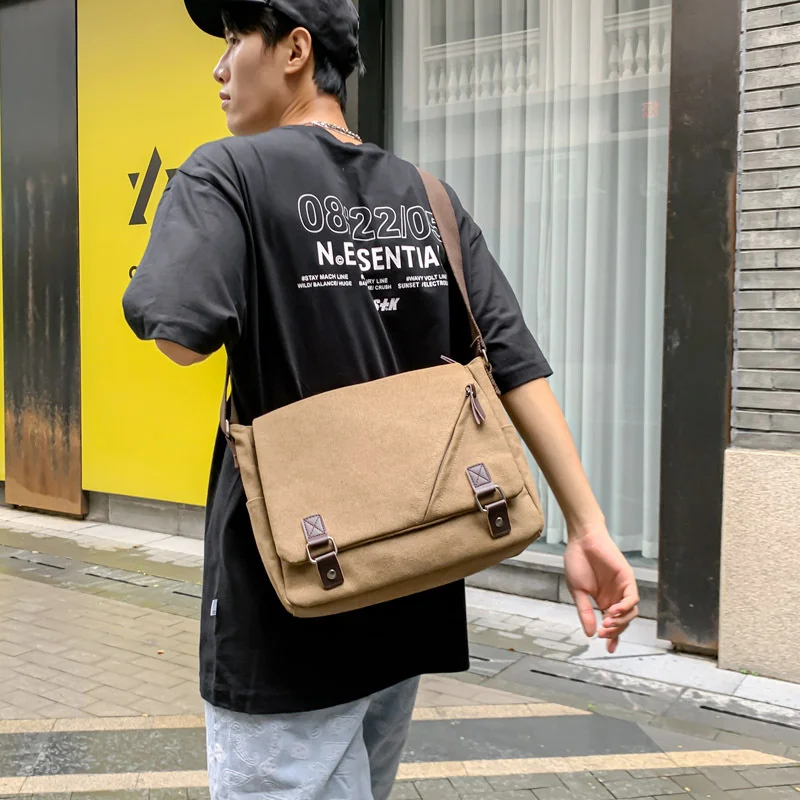 

Casual canvas bag college style trend men's tooling single shoulder large capacity messenger crossbody