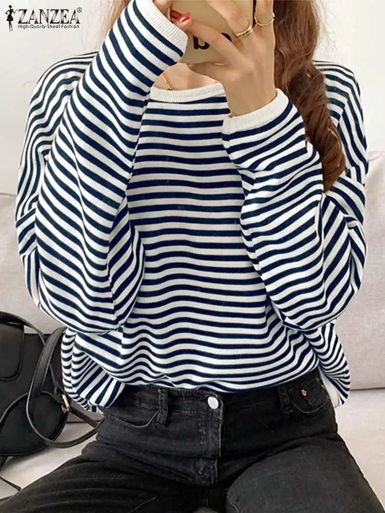 

ZANZEA Fashion Long Sleeve Pullover Vintage Striped Sweatshirt Woman Elegant O Neck Tunic Tops Autumn Loose OL Work Blouse 2023
