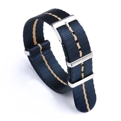 Heavy Duty Military Nylon Watch Strap - Rugged Army Sport Band - 22mm (Blue - Khaki line)