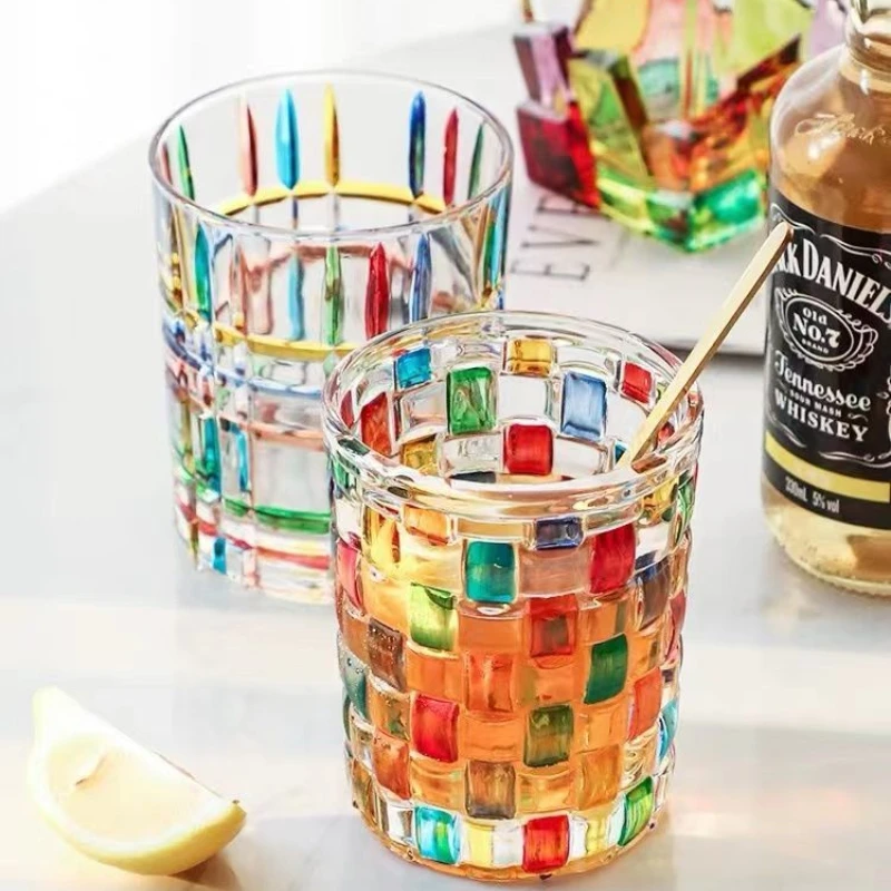 Colorful Glass Cup Multi Colors Hand-Painted Square Plaid New Niche Woven  Glasses Water Cup Cocktail Glass Whiskey Glass - AliExpress