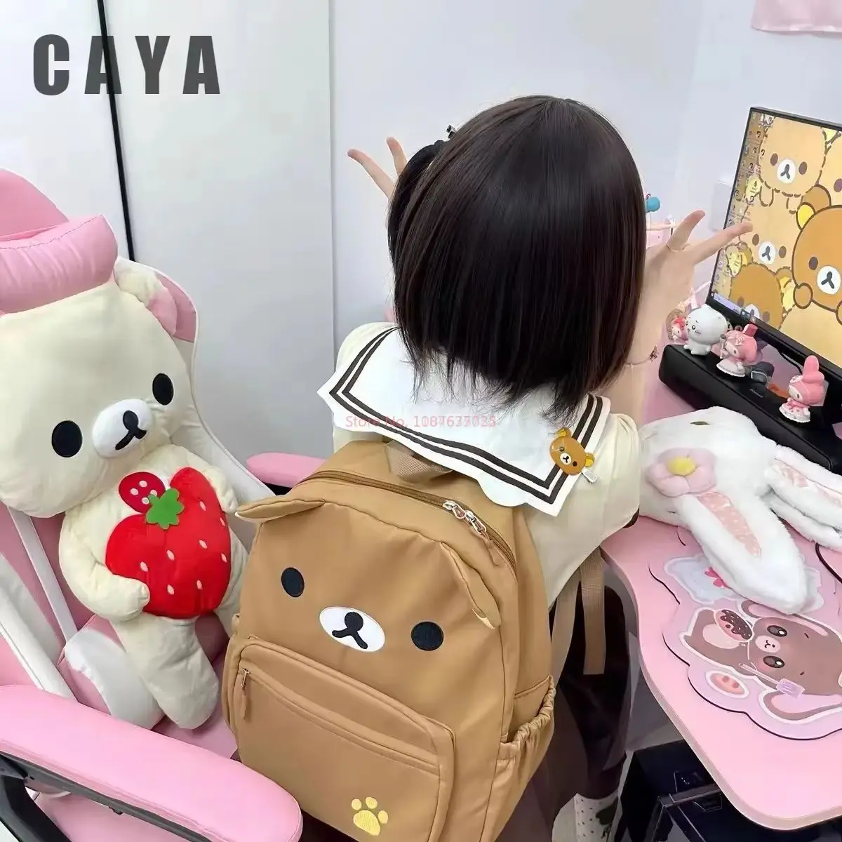 Kawaii Rilakkuma Backpack Anime Cartoon Embroidery Backpack Stylish Large-Capacity Student School Bag Nylon Multifunctional Bags