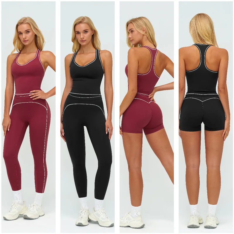 VITALINOVO Damen-Trainingssets, 2-teiliges Set, kontrastfarbenes integriertes BH-Tanktop, hohe Taille, Po-Lifting-Leggings, Fitnessstudio, Yoga-Outfits – Detail 13