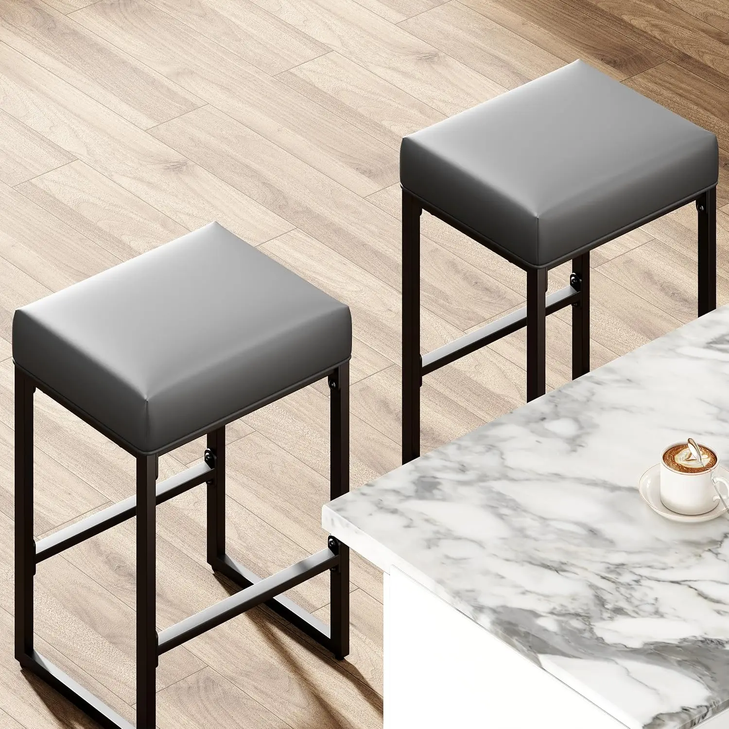 24 Inch Bar Stools Set of 2, Counter Height Bar Stools for Kitchen Island, Synthetic Leather Backless Barstools with Thick Seats