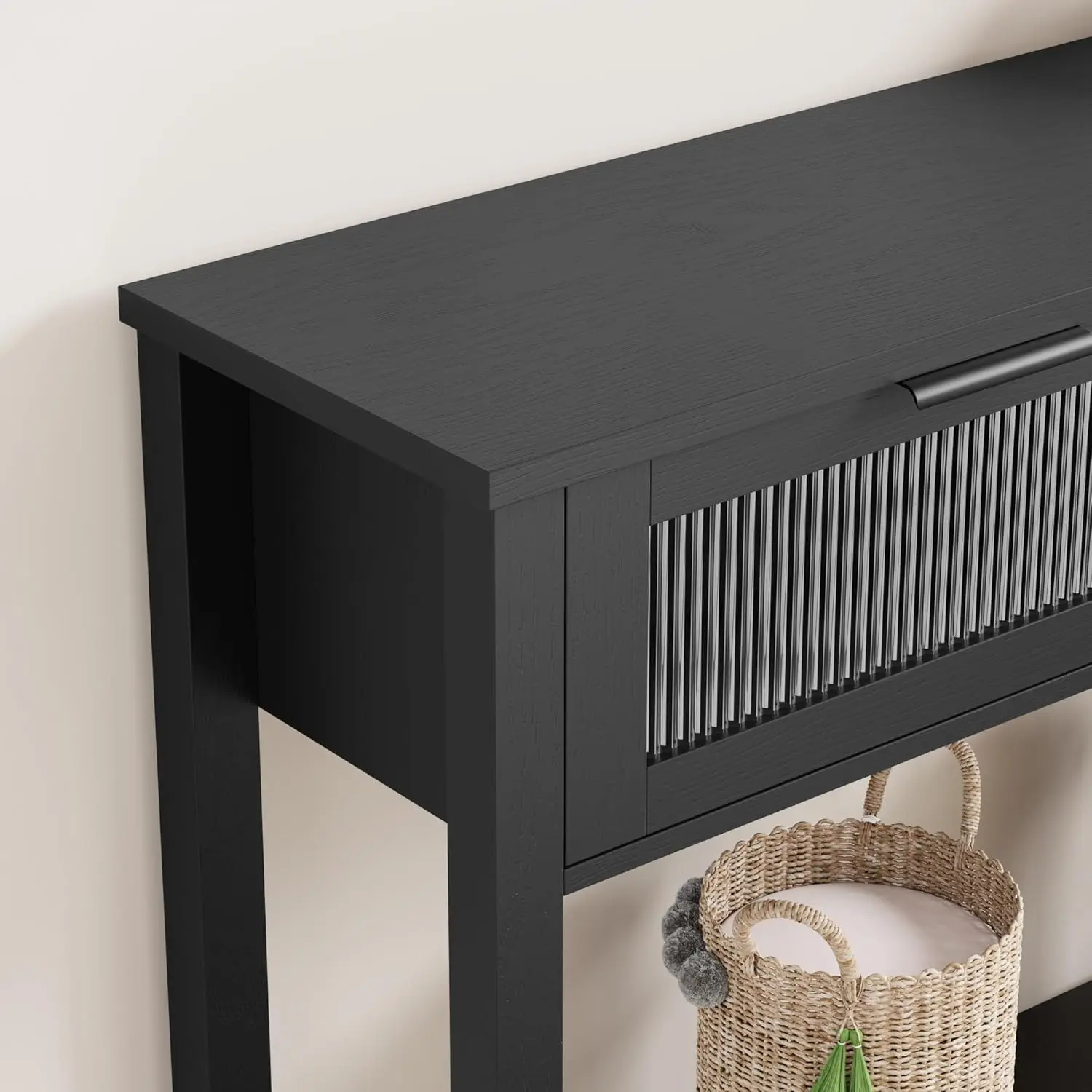 Moderner 2-stufiger schwarzer Konsolentisch mit Glasschubladen, schlanker Sofa-Beistelltisch mit offenem Ablagefach für Wohnzimmer, Flur, Eingangsbereich. – Detail 7