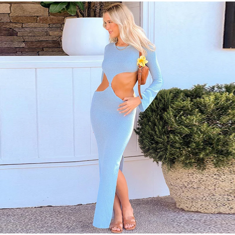 Sexy Knitted Hollow Out Long Dresses Women Casual Solid Slim Fit O-neck Slit Maxi Dress Sun Protection Female Summer Beach Party
