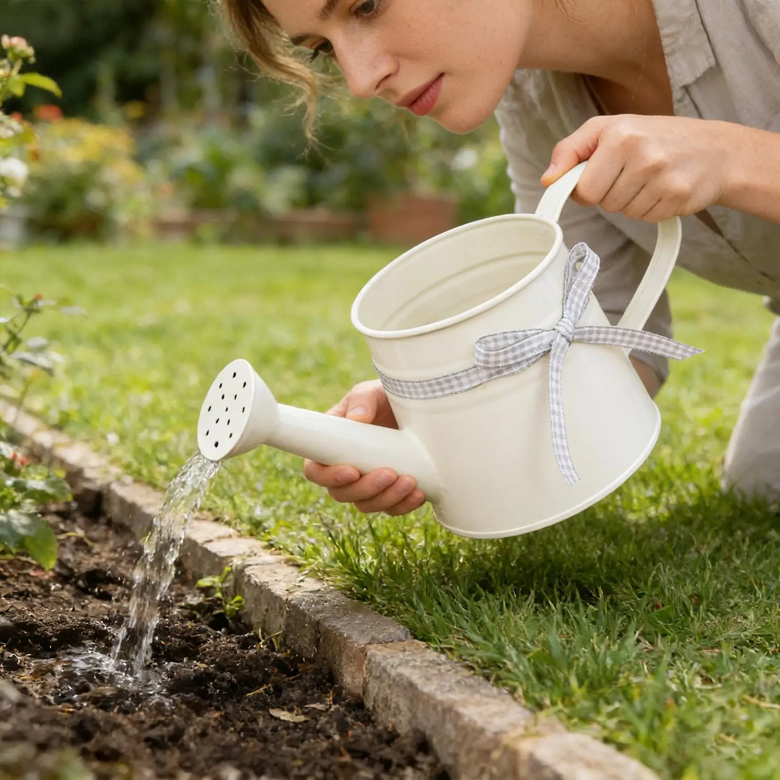 Small Watering Can 1L Water Pot with Sprinkler Head Gingham Ribbon Modern Plant Watering Cans for Home Office Balcony Garden