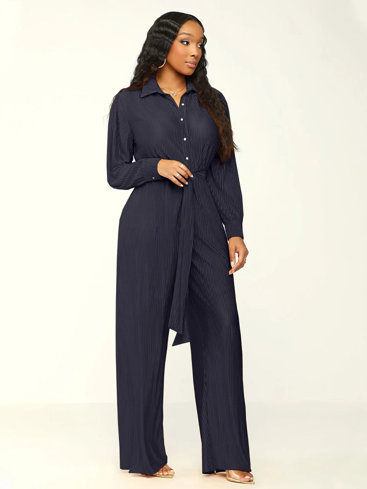 Long Sleeved Wide Leg Jumpsuit Women 2023 Autumn/Winter New Fashionable Pleated Lapel Women's Clothing for Leisure, Commuting