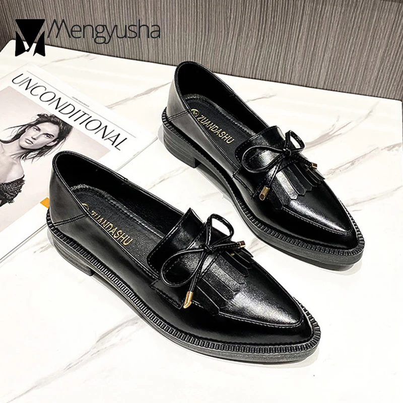 Classic Girls Tassel Bowtie Oxford Shoes Big Size 41/42 Women Leather Loafers Pointed Toe Sneakers Woman Thick Heels Flats women oxford shoes