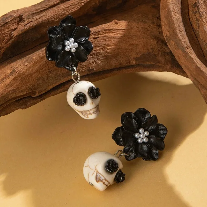 Halloween Punk Gothic Y2K Black Skull Camellia Girls Fun Cosplay Piercing Earrings Holiday Party Gifts Jewelry Accessories