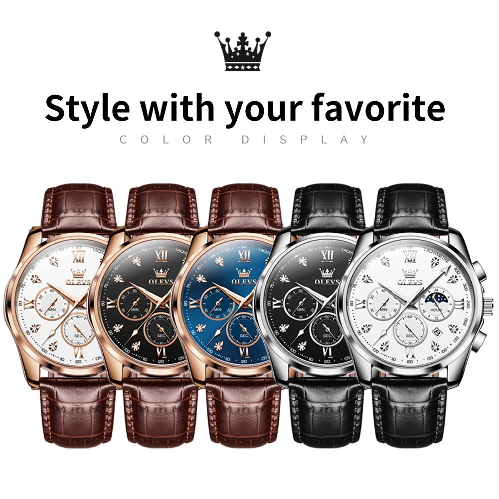 OLEVS Quartz Watch for Men Luxury Stainless Steel Men's Watch Waterproof Luminous Moon Phase Chronograph Wristwatch Reloj Hombre