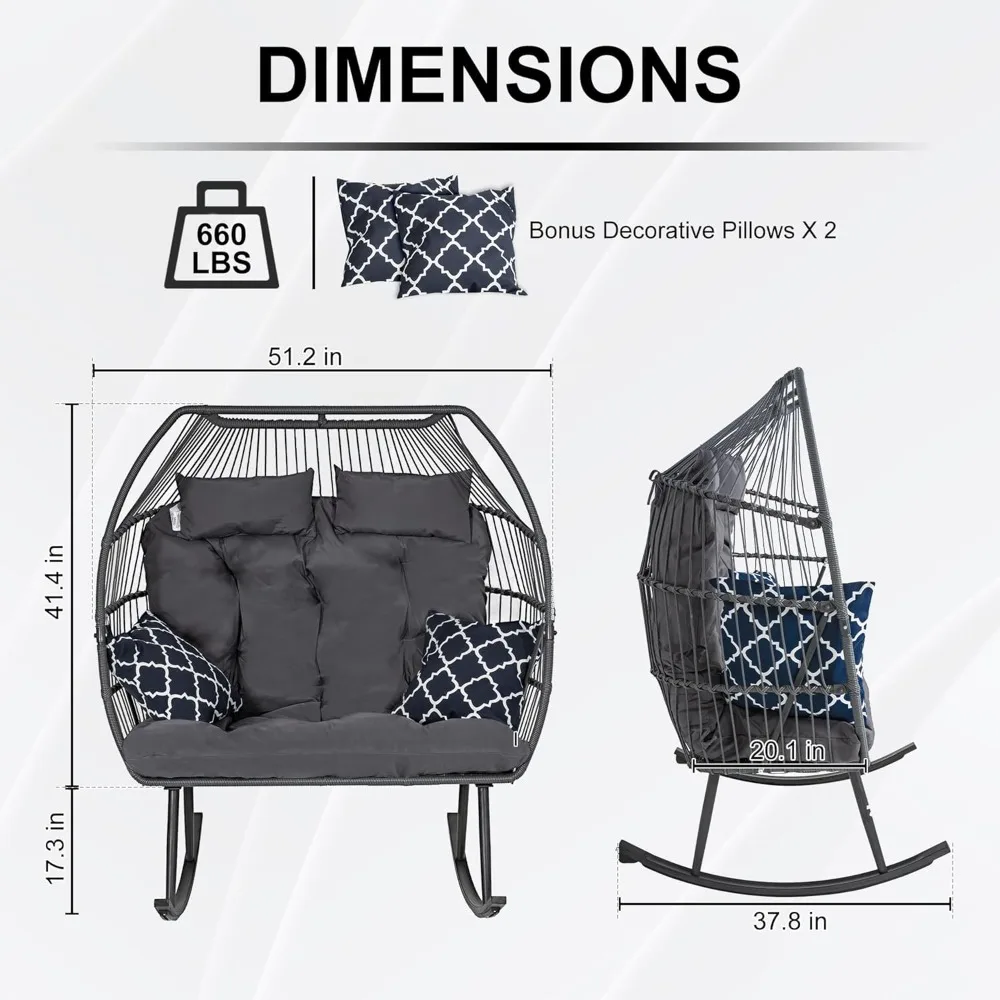 Outdoor Egg Chair, Rocking Double Egg Chair Outdoor Indoor, 2 Person Egg Loveseat Chair for Patio Balcony Porch Backyard 2