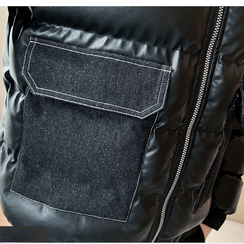 High Quality Brand Autumn Winter Coat Men Leather Jacket Thick Windproof Parka Big Pockets Stand Collar Warm Solid Puffer Jacket