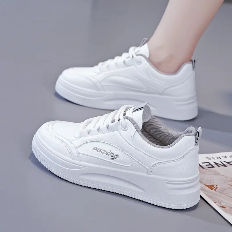Women Shoes Fashion Breathable Leather Flat Sneakers Woman Outdoor Lace Up Vulcanized Sneakers Platform White Shoes Zapatos
