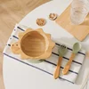Baby Wooden Tableware Set Dinosaur Bamboo Wooden Plate Bowl Silicone Suction Wooden Handle Fork Spoon for Children Feeding Gift 1