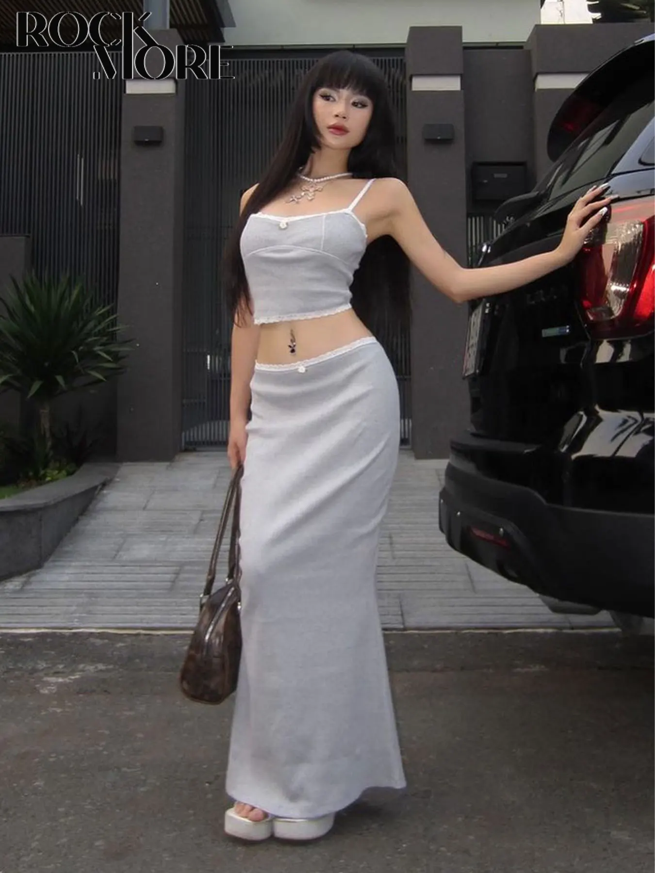 

Rockmore 2 Piece Lace Patchwork Set Backless Corset Top Low Waist Ankle-Length Skirt Y2k Fashion Korean Camisole Costume Sets