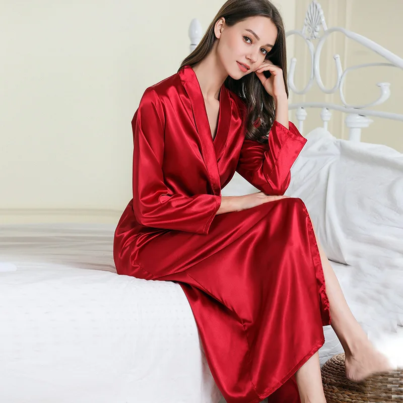 

Nightgown Imitated Silk Robes Solid Pajamas Lapel Long Robe Women's Sleep Night-robe Sexy Pajamas Bathrobe Homewear Bath Robe