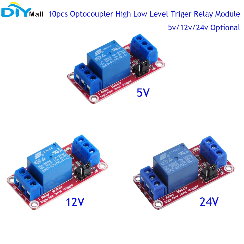 

10 шт., 1-канальный релейный модуль 5 В, 12 В, 24 В с оптроном, высокий и низкоуровневый триггер для Arduino