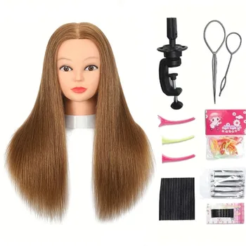 100% Real Human Hair Cosmetology Mannequin Head With Clamp Holder DIY Hairdressing Training Braiding Doll Heads Set for Girls