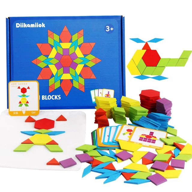 155Pcs Set Wooden Pattern Blocks Geometric Shape Jigsaw Puzzle Baby Educational Montessori Tangram Toys for Kids with 24Pcs Card 1