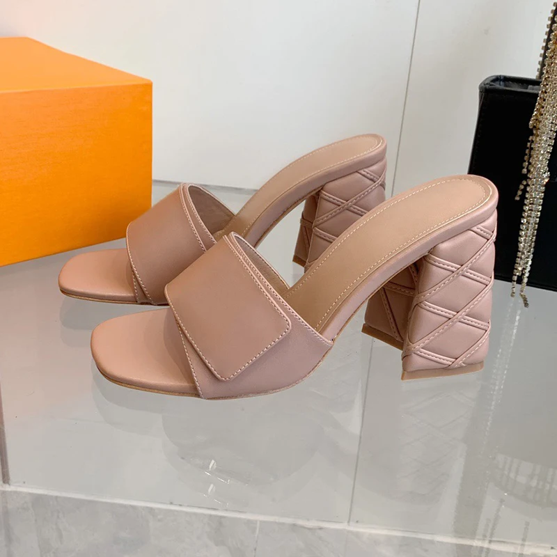 

Summer High Heel Sandals Fashion New Genuine Leather Material Square Toe Female Slippers Solid Color Upper Banquet Women's Pumps