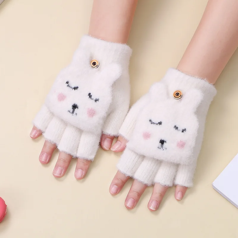 

Gloves Women New Autumn Winter Warm Fashion Knitted Glove Girls Cute Cartoon Rabbit Half Finger Mittens Kawaii Glove