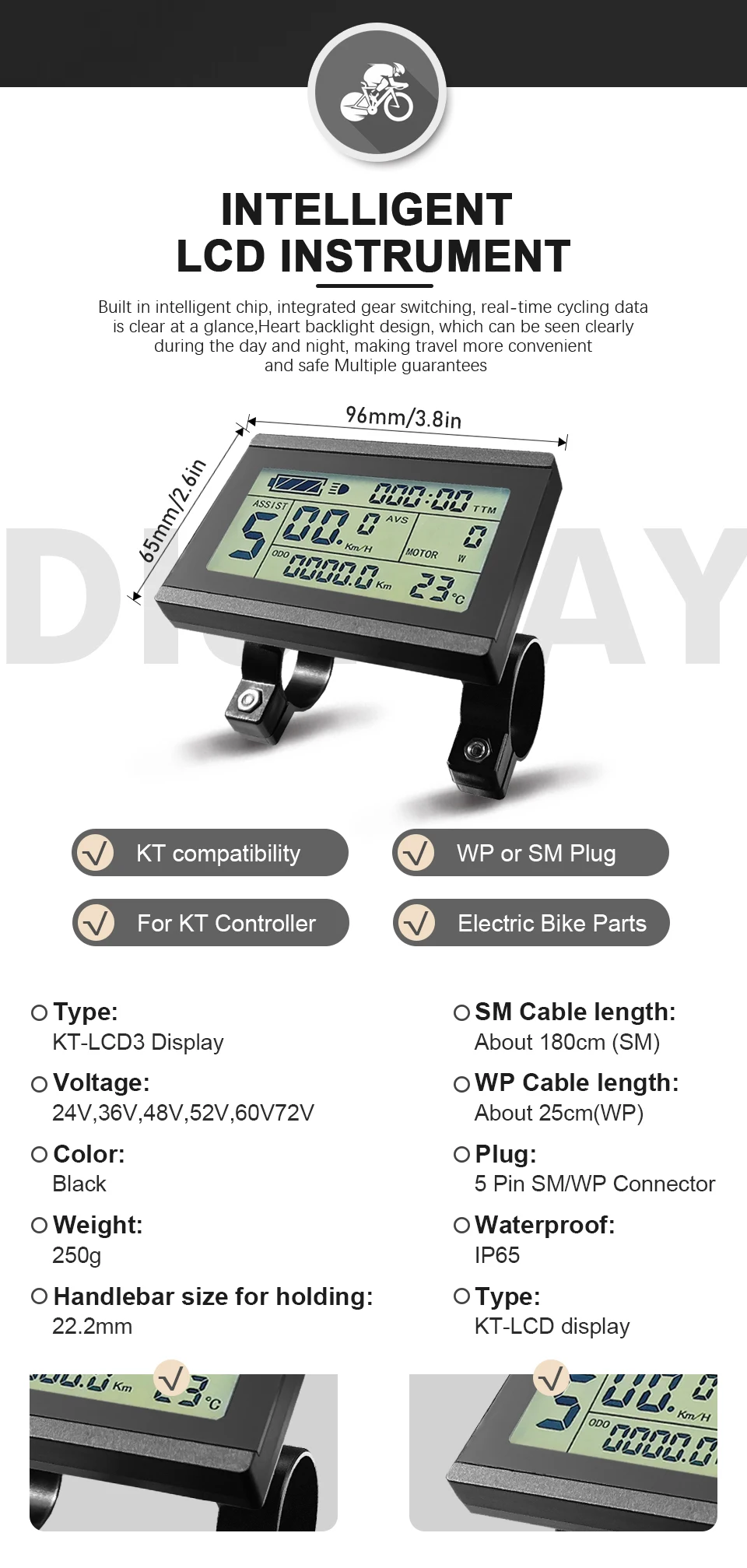 Écran LCD KT-LCD3 Pour Vélo Électrique 24/36/48V - Compteur Étanche Avec Support Pour Contrôleurs Série KT