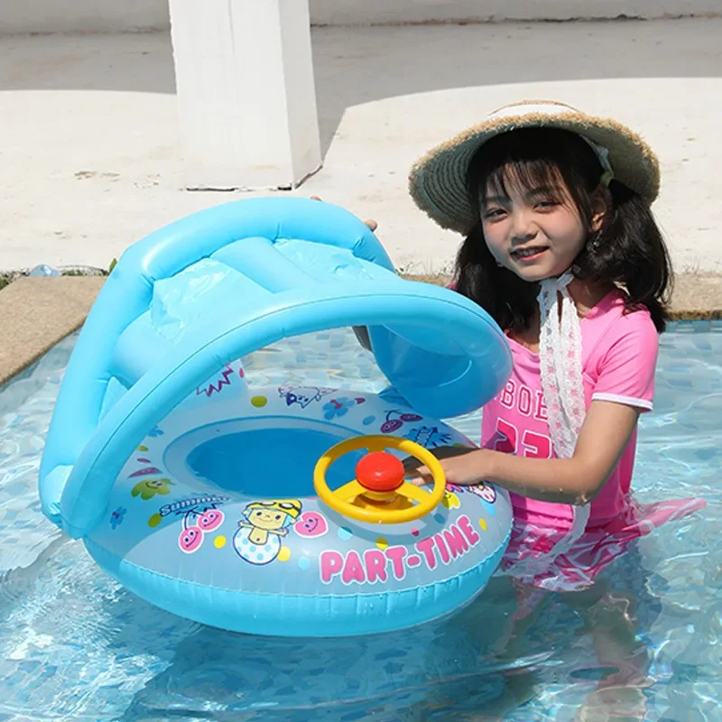 Cartoon Inflatable Baby Swim Ring Seat Floating Sunshade Toddler Swim Circle Bathtub Swimming Pool Beach Party Outdoor Water Toy 3