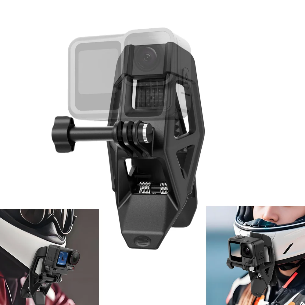 Clip de montage pour GoPro, DJI Osmo Action ou Insta360 fixé sous le menton d'un casque moto, vue latérale.
