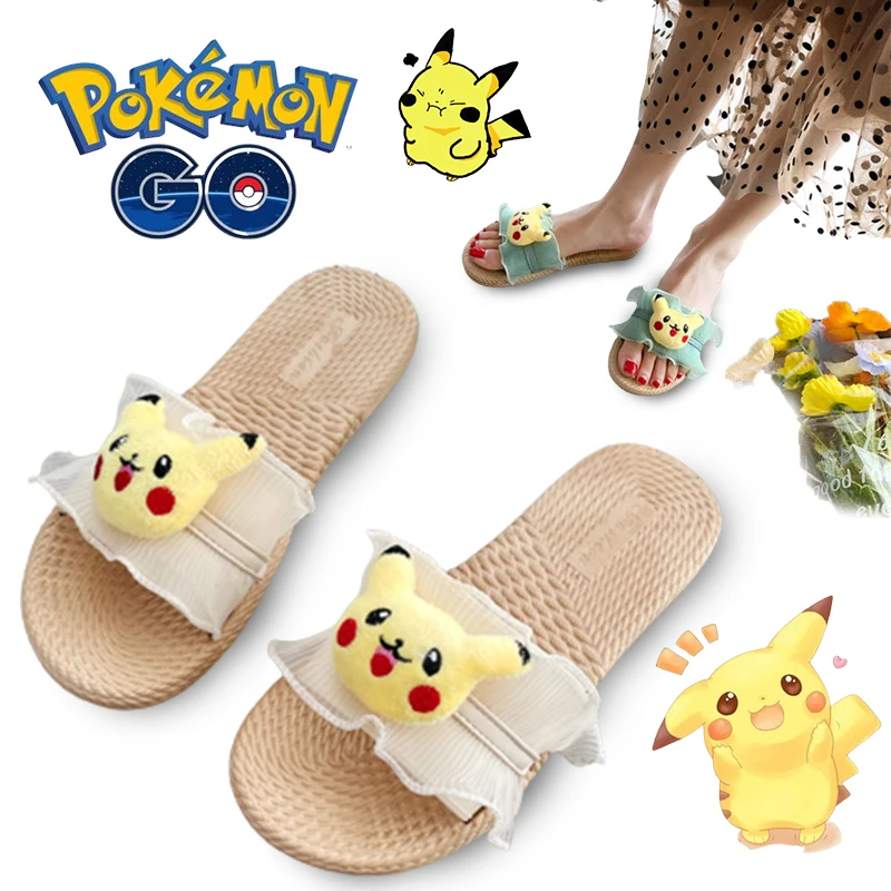 Шлепанцы Pokemon Pikachu женские мультяшный рисунок плоская подошва летние сандалии