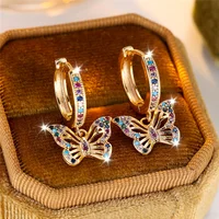 Cute Female Colorful Butterfly Round Zircon Stone Hoop Earrings Gold Color Unique Girlfriend Gifts Wedding Jewelry For Women 4