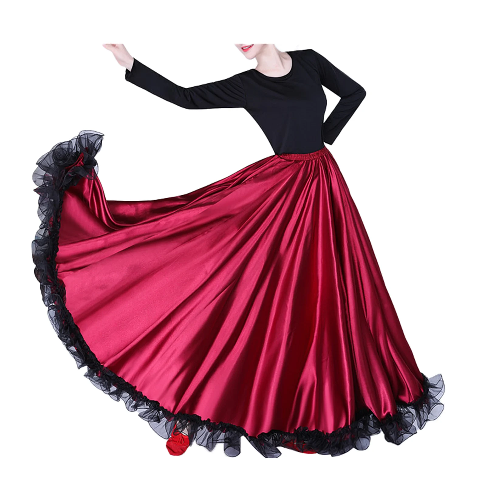 

Women's Spanish Flamenco Bull Dance Skirt Belly Dance Full Skirt Ruffled Hem Big Swing Flamenco Costume Satin Maxi Skirt