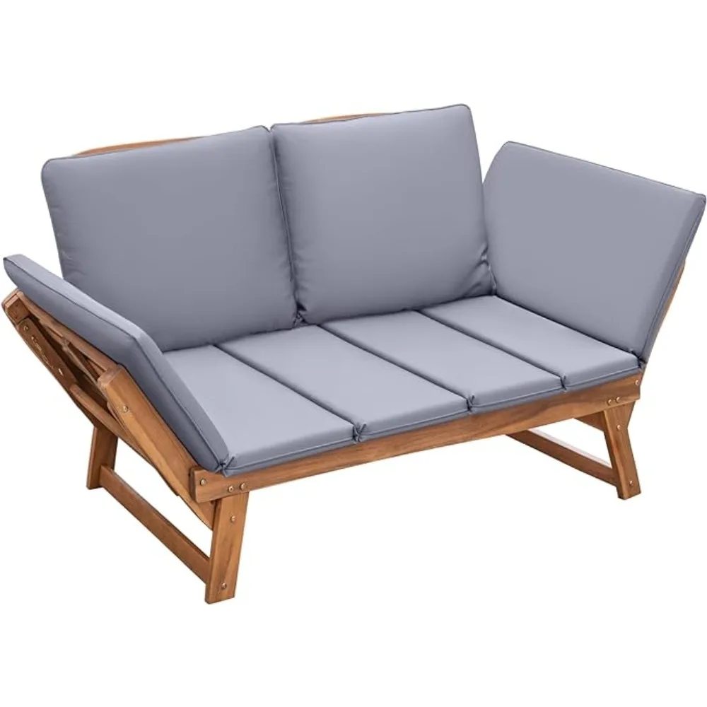 Outdoor Couch Acacia Wood Patio Couch with Adjustable Armrests,Outdoor Convertible Sofa with Removable Cushions&Pillows 2