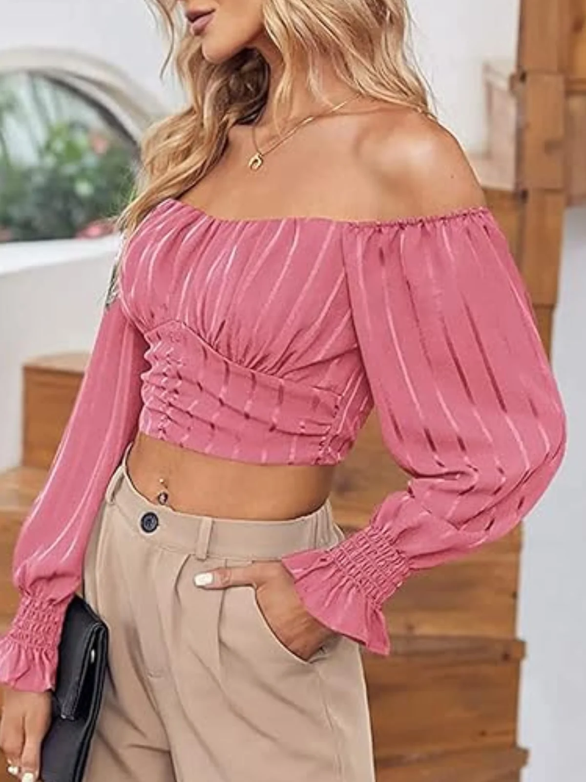 Women Sexy Off Shoulder Puff Sleeve Blouses Long Sleeve Cropped Tops Casual Slim Shirts Summer Chiffon Slim Fit Party Crop Tops