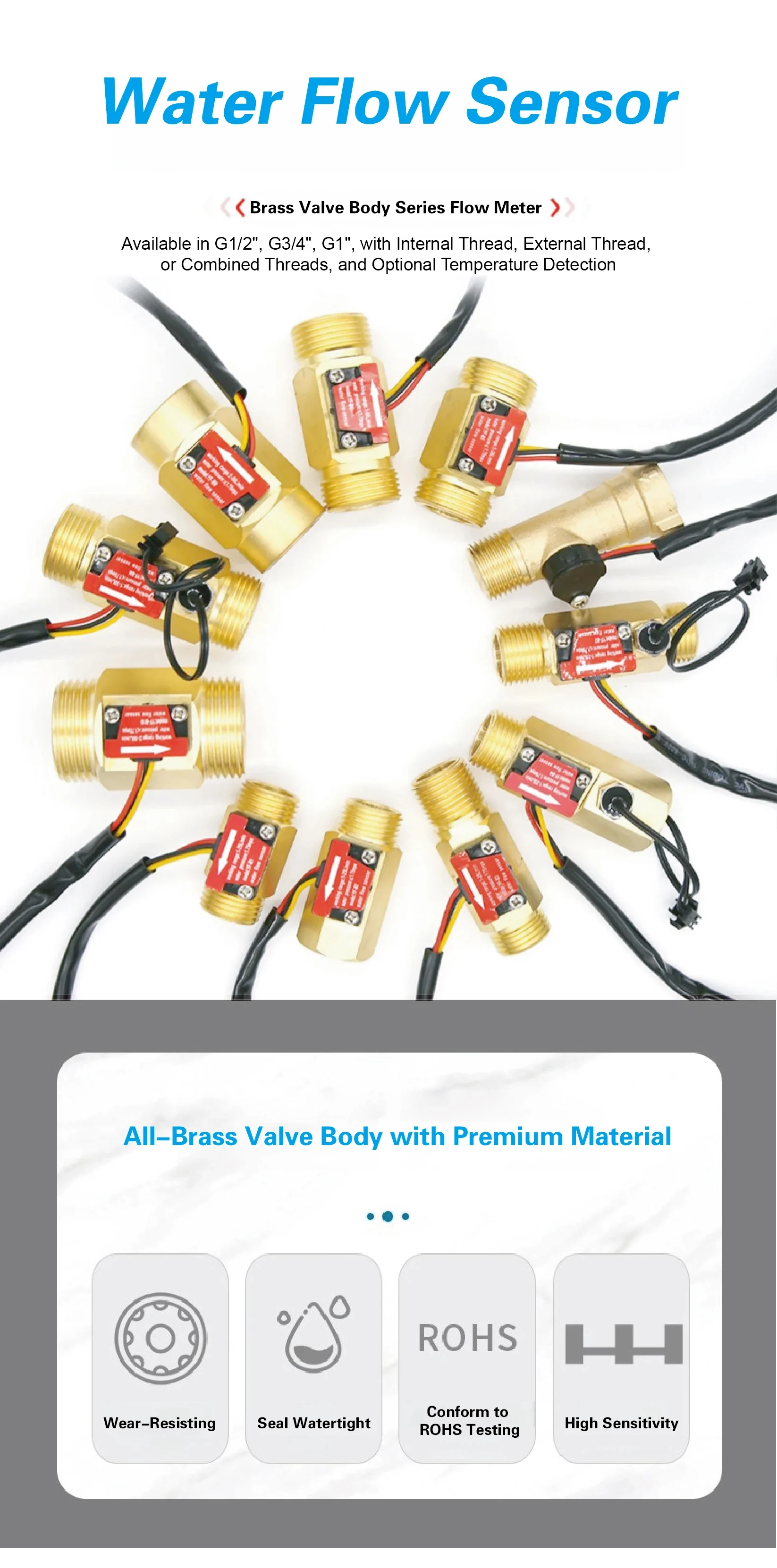 Water Flow Sensor Hall Effect Flow Meter Brass Valve Body Liquid Flow Rate Senso