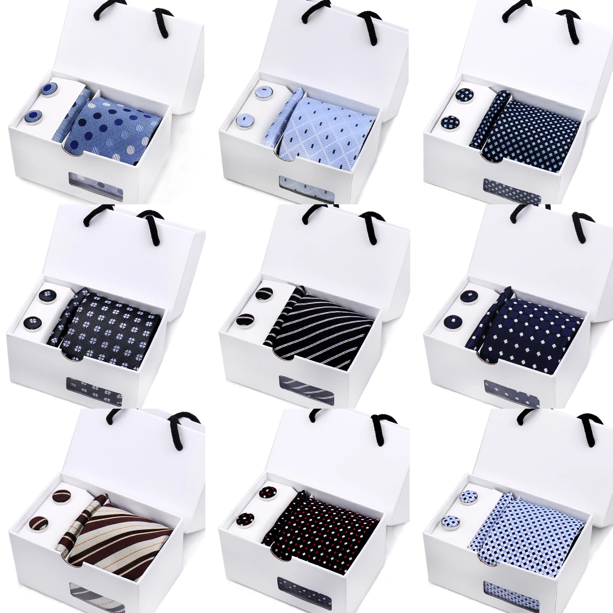 Neck Tie Men Business 3pcs Necktie Set Cufflink Handkerchief Plaid Dotted For Wedding Formal Stripe Classic
