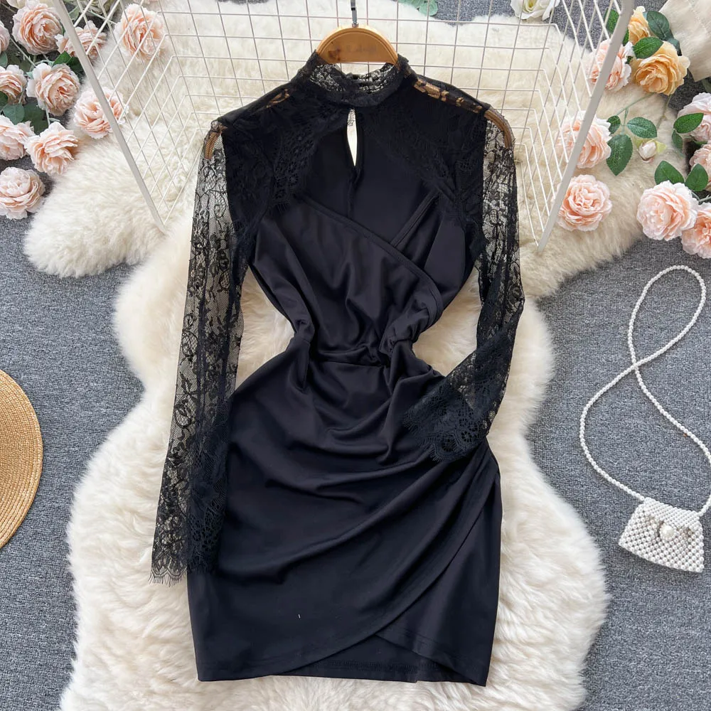 

New Sexy Light Mature Wind Korean Version of Hollow Lace Splicing Slim Cross Hip Dress